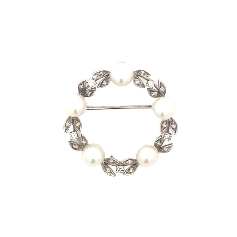 White 18 Karat Pearl Circle Brooch Estate Jewelry with 5 Round Pearls