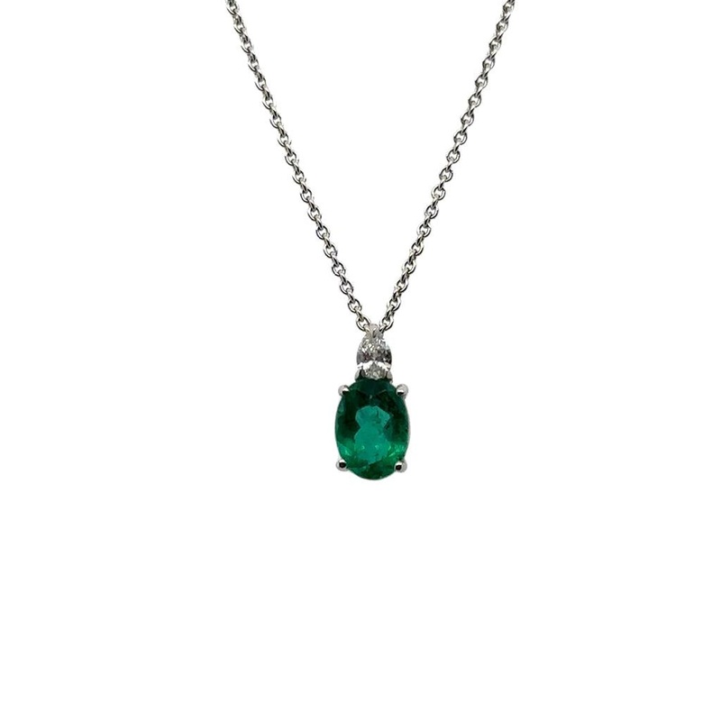 Estate 14 Karat White Gold Emerald and Diamond Necklace