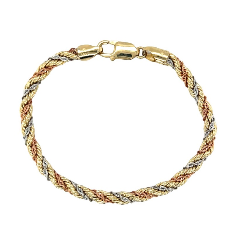 Tri-color 14 Karat 4.5mm Lightweight Triple Twisted Rope Chain Bracelet Estate Jewelry with
