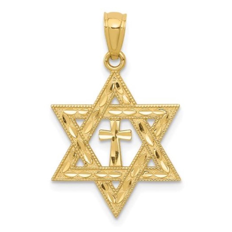 14 Karat Yellow Gold Diamond Cut Star of David and Cross Pendant