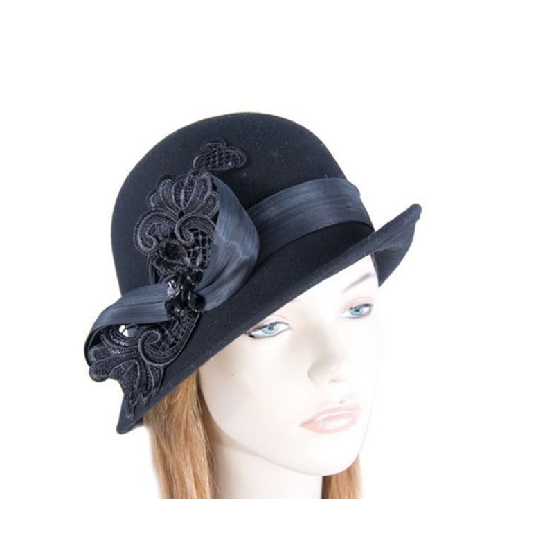 Black cloche hat with lace trim