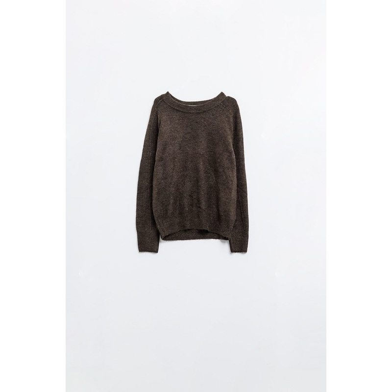 Brown Crew Neck Sweater With Seam Detail On Sleeve