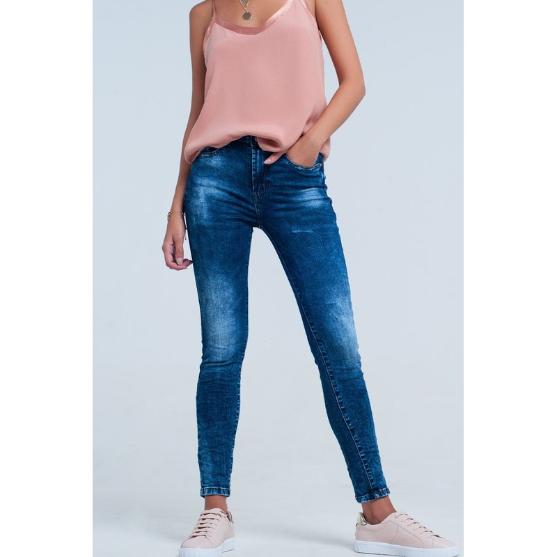 High Waist Skinny Jeans In Bright Blue Wash