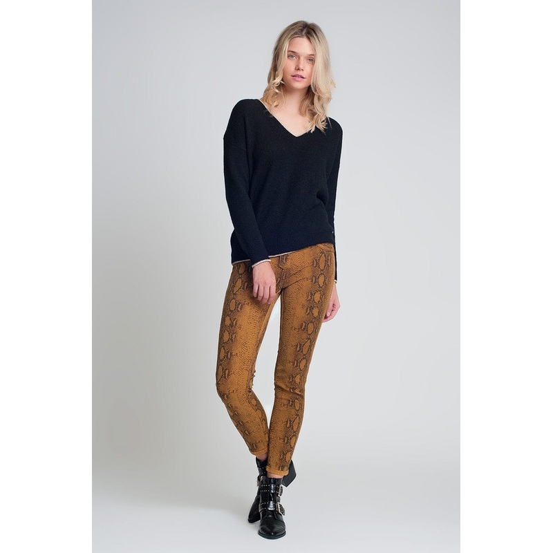 Mustard Super Skinny Reversible Pants With Snake Print