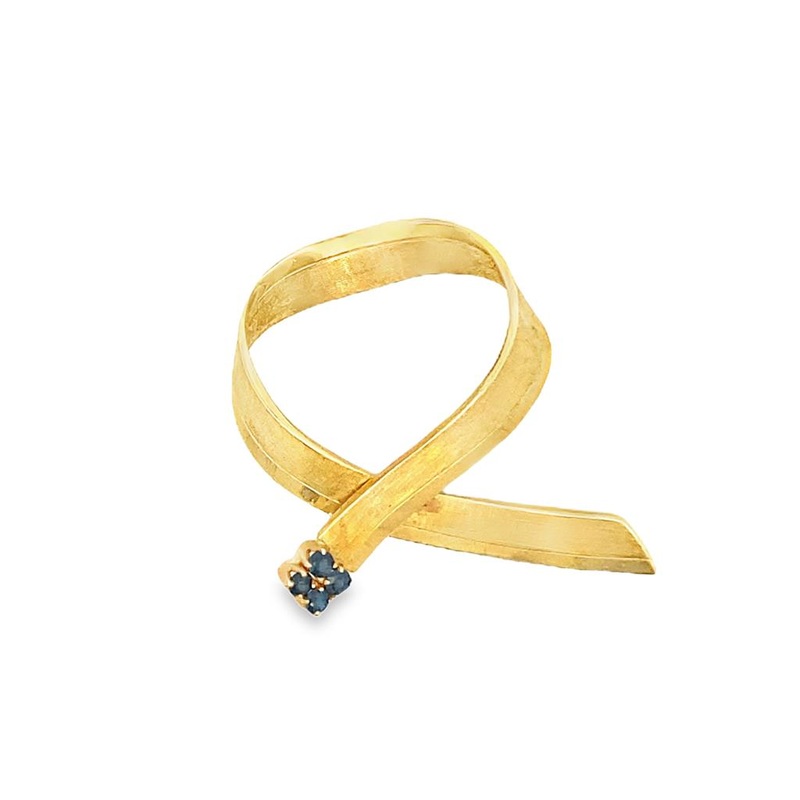 Yellow 18 Karat Ribbon Pin Estate Jewelry with 4 Round Sapphires