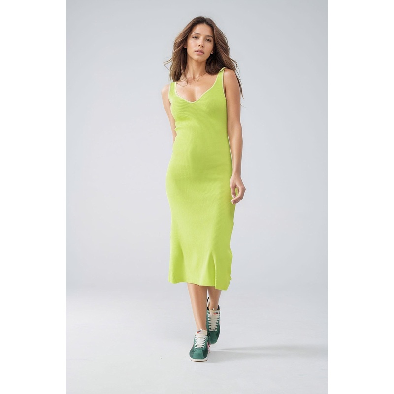 A-Line Summer Body Hugging Dress In Lime Green With White Trim
