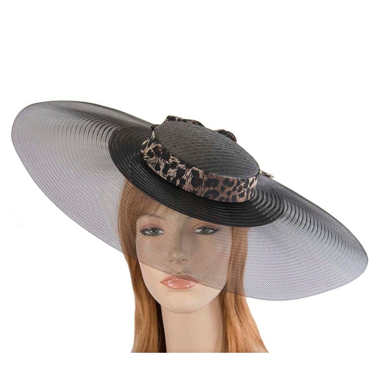 Bespoke black & leopard wide brim boater hat