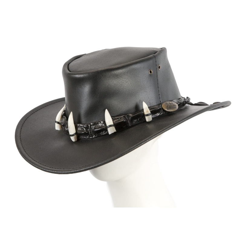 Black Australian Leather Outback Jacaru Hat with Crdile Teeth