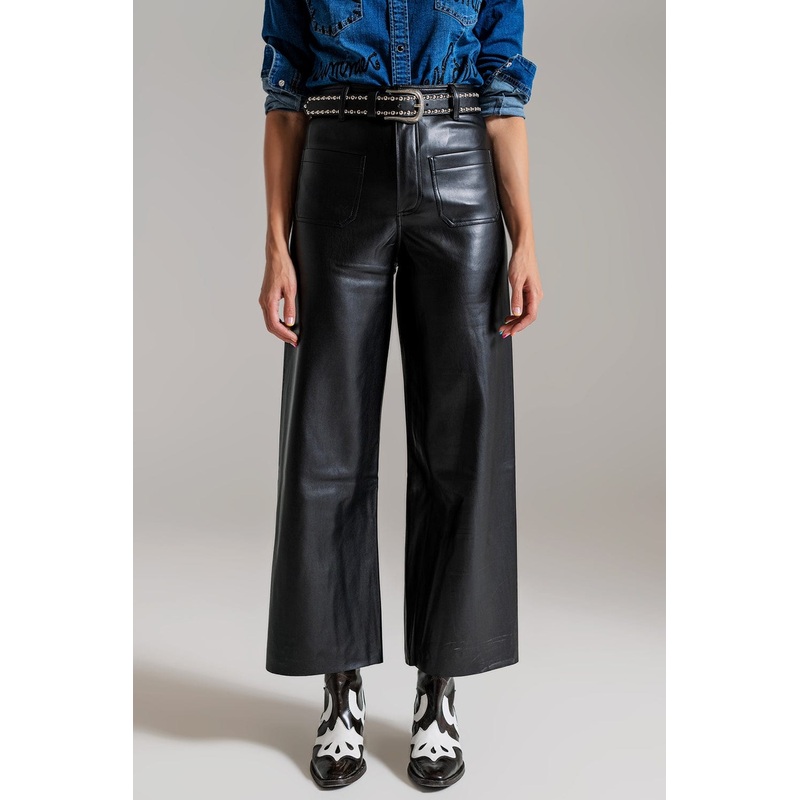 Black Palazzo-Style Faux Leather Pants With Pocket Detail