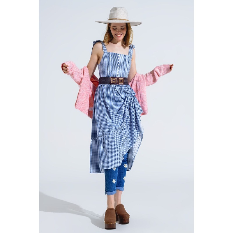 Blue And White Gingham A-Line Dress With Adjustable Straps