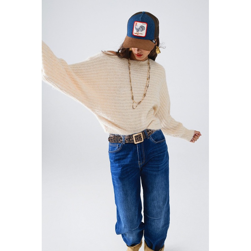 Boat Neck Chunky Rib Sweater In Cream