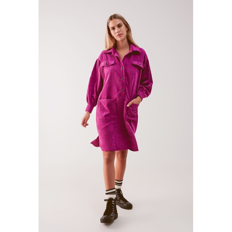 Cord Mini Shirt Dress In Fuchsia