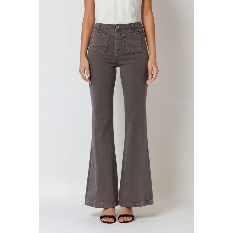 Dark Grey Skinny Flared Jeans With Front Pocket Detail