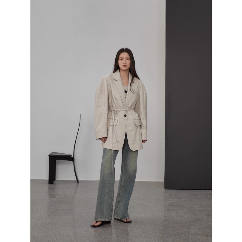 “Dark Side of the Moon”Imported Sheepskin Wide-Shoulder Lightweight Lace-Up Suit Leather Jacket Textured Genuine Leather