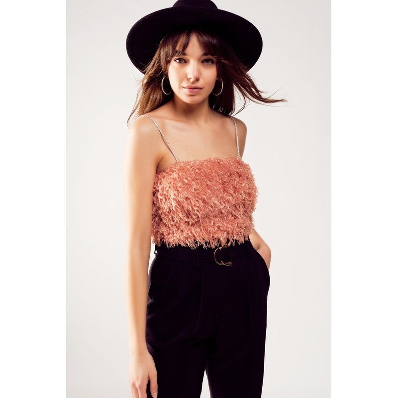 Faux Feather Crop Cami In Pink