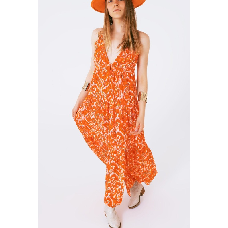 Floral Print Maxi Dress With V Neck In Orange