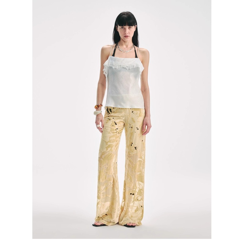 “Gilded Age” Retro Ink-Splashed Silk Flared Casual Pants