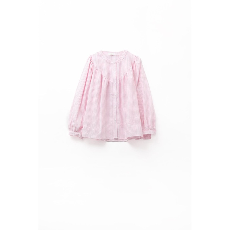 Gingham Pale Pink Collarless Blouse With Wide Sleeves