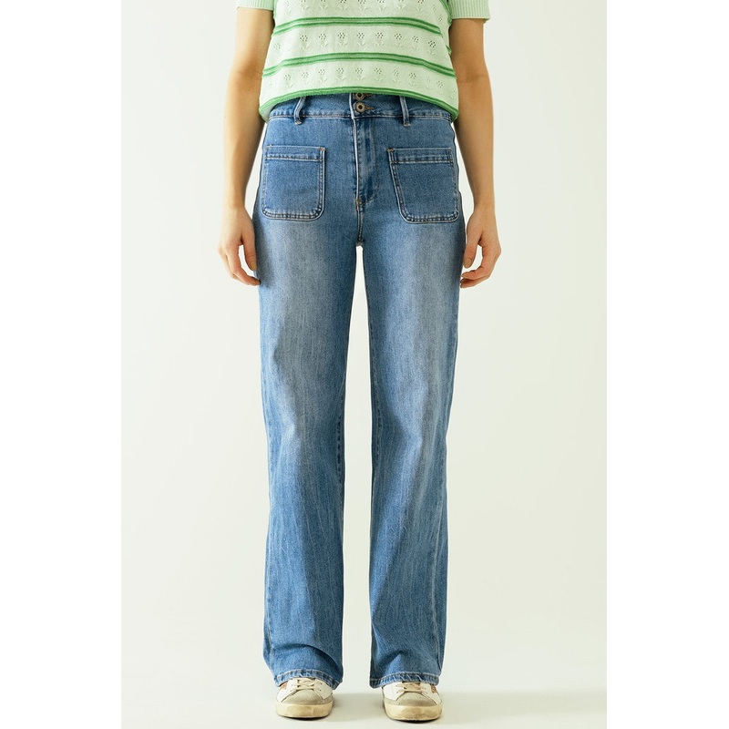 Jeans Wide Legs With Front Closure With Metalic Buttons And Front Pockets
