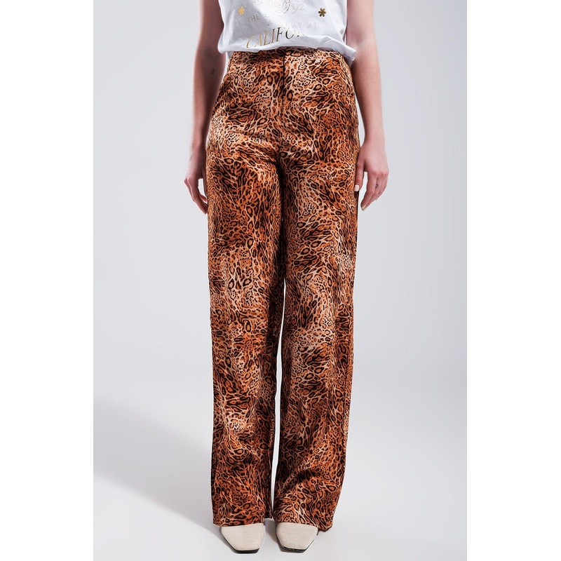 Leopard Print Wide Leg Pants In Brown