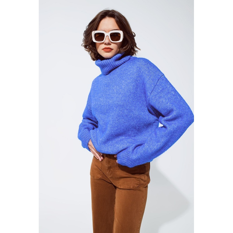 Light Blue Fluffy Sweater With Trutleneck