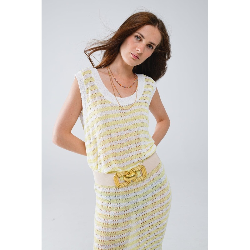 Open Knit Cropped Striped Sleeveless Sweater In Yellow And White