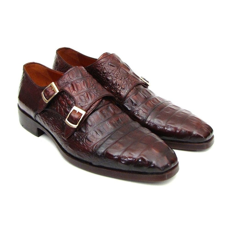 Paul Parkman Men’s Double Monkstraps Brown & Bordeaux Crocodile Embossed Calfskin (ID#045FG12)