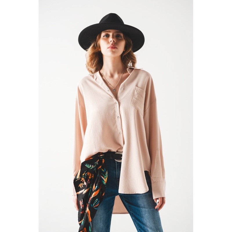 Pocket Detail Oversized Shirt In Beige