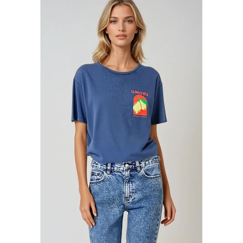 Relaxed Fit T-Shirt With La Dolce Vita Print In Navy Blue