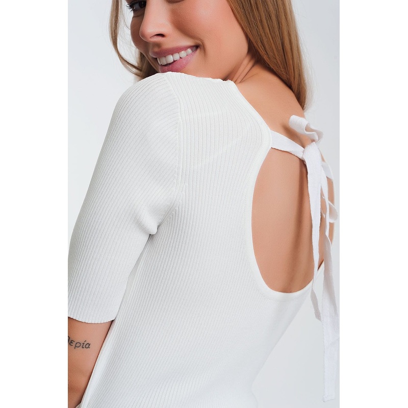 Rib Knitted Sweater With Tie Back In Cream