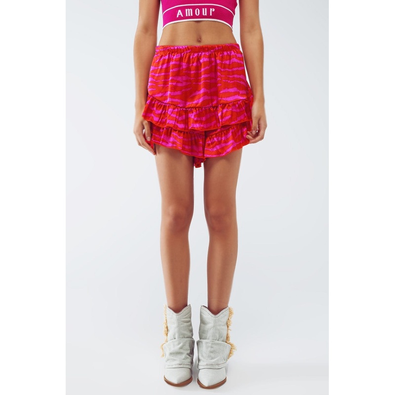 Shorts With Frilly Hem In Zebra Print In Orange And Fuchsia