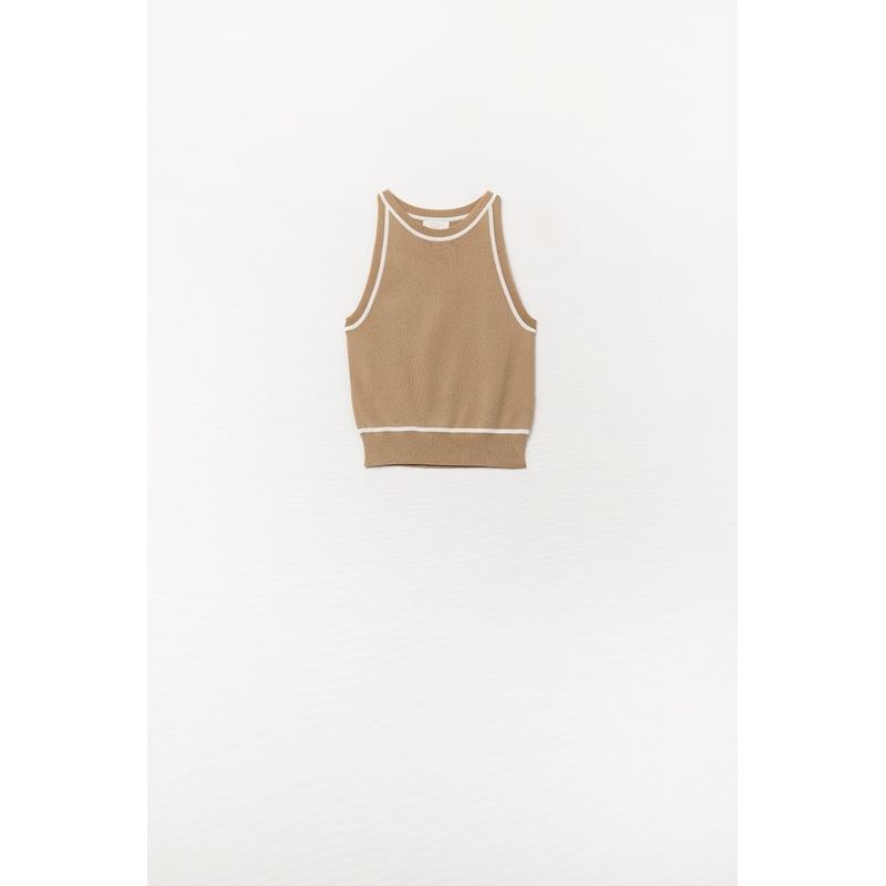 Sleeveless Sweater In Camel Featuring Detail White Lines