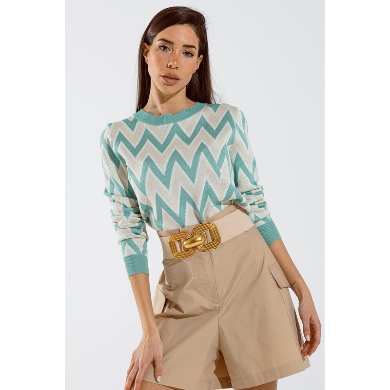 Turquoise  Sweater With  Zig Zag Print In Beige  With White Details
