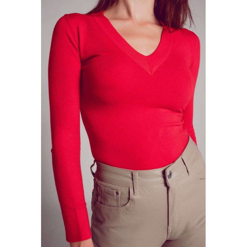 V Neck Fine Knit Jumper In Red