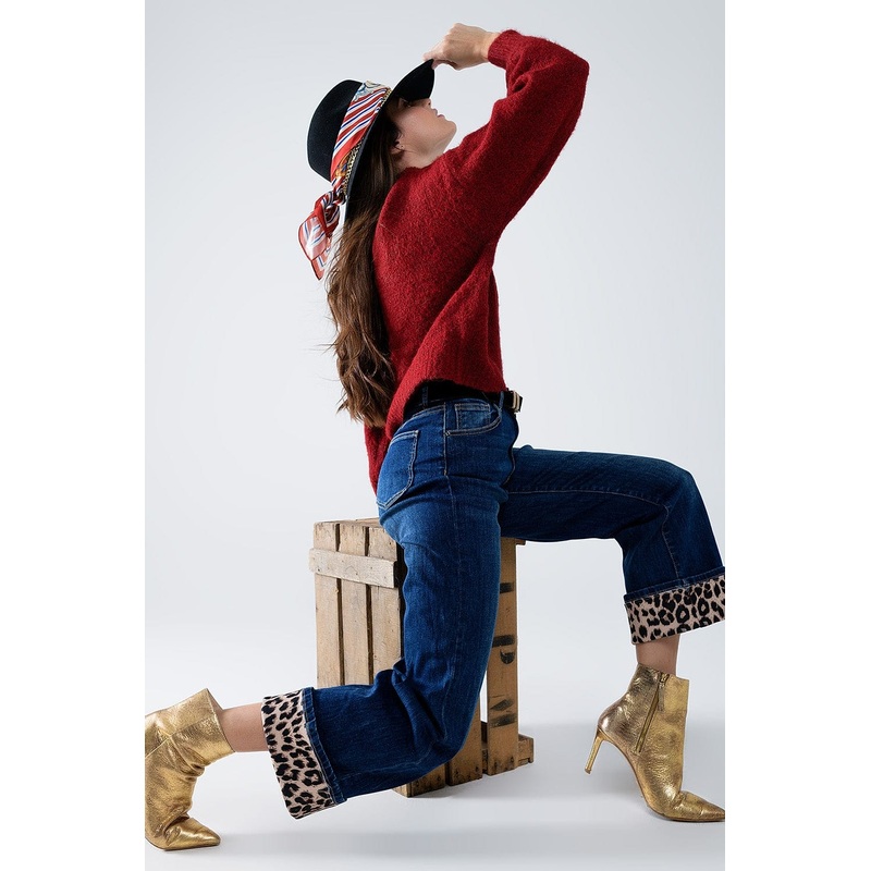 Wide Leg Jeans With Leopard Stripe At The Bottom