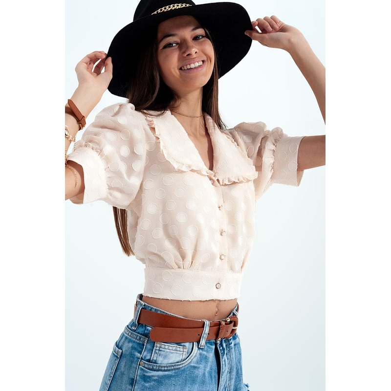 Beige Polka Dot Blouse With Bib Collar And Embellished Buttons