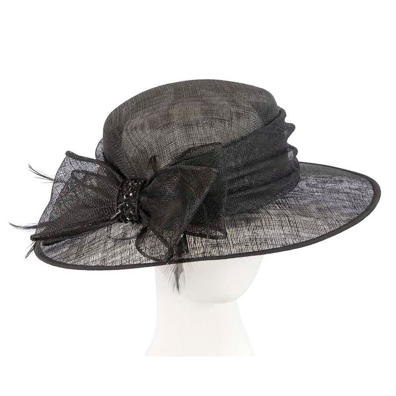 Black racing hat with bow by Cupids Millinery