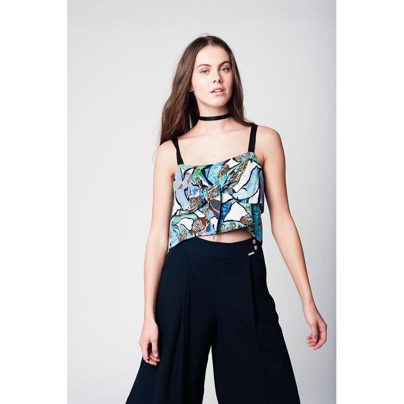 Blue Crop Top With Leaves Print