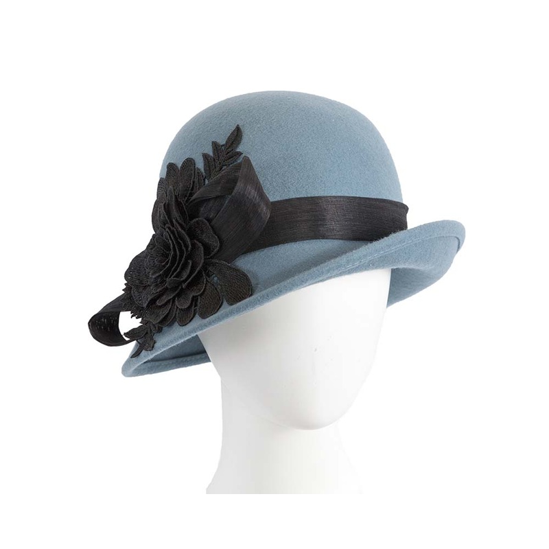 Blue felt cloche hat with lace by Fillies Collection