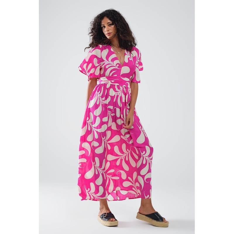 Fuchsia Floral Print Maxi Dress With Open Back