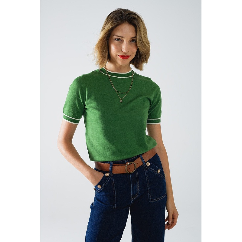 Green Short Sleeve Sweater With White Line Detail