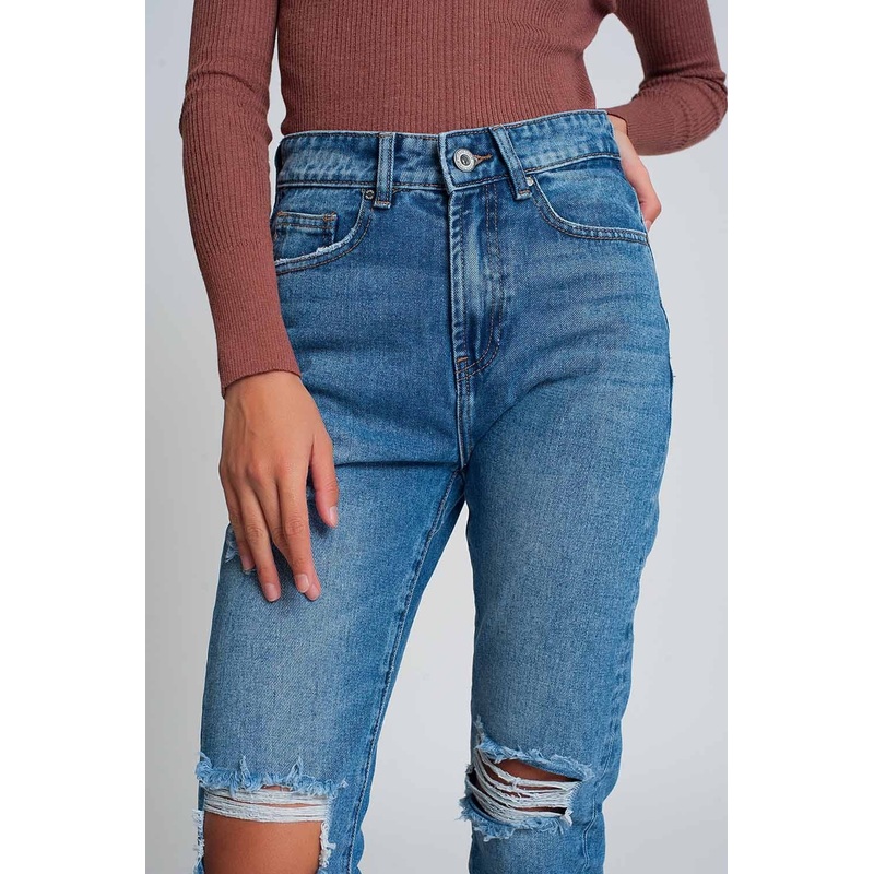 High Waist Mom Jeans With Ripped Knees In Dark Wash Blue