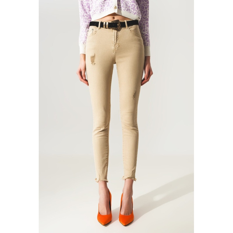 High Waisted Skinny Jeans In Beige