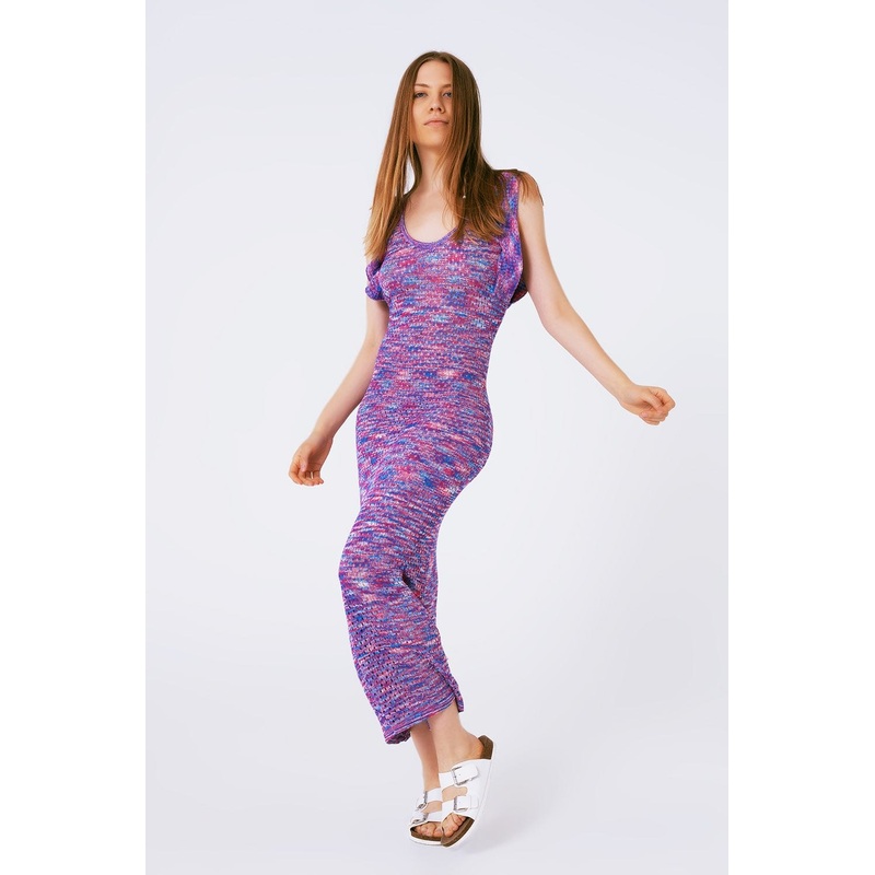 Knitted Long Dress With Chest Ruffle In Melange Purple