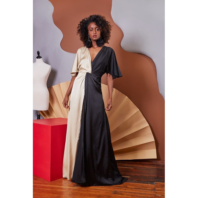 Lavanya Coodly Women’s Madison Gown in Pale Gold & Black Color Blocked Satin & Butterfly Sleeves