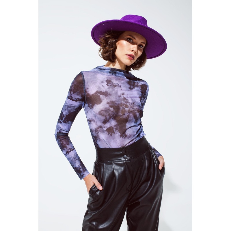 Mesh Top Rouched At The Side In Abstract Purple Print
