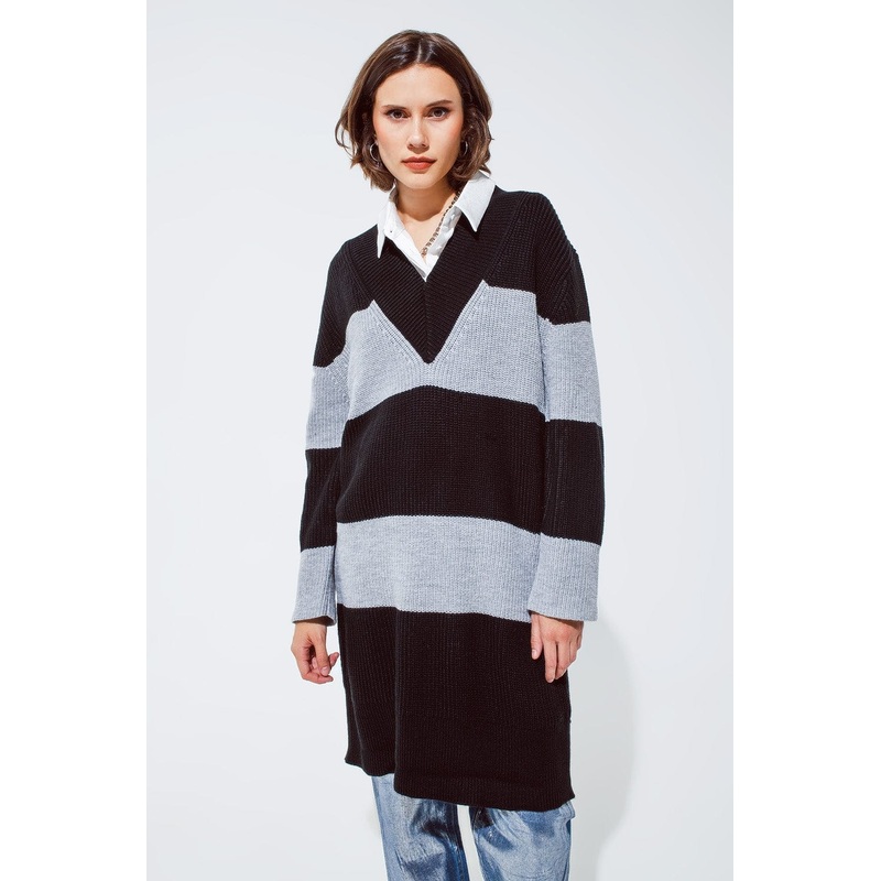 Oversized Midi Knitted Dress With Stripes And A Wide V Neck