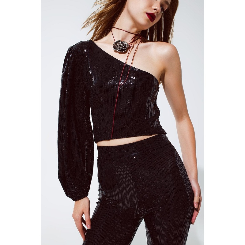 Party Cropped One Shoulder Top With Glitter Detail In Black