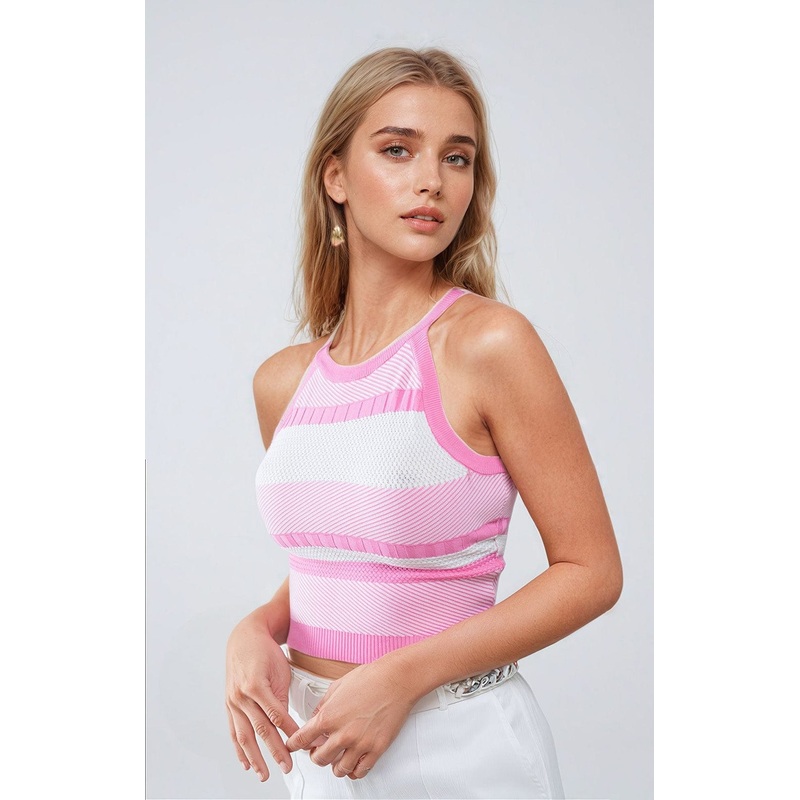 Pink Halter Tank Top With Stripe Design In Different Knits
