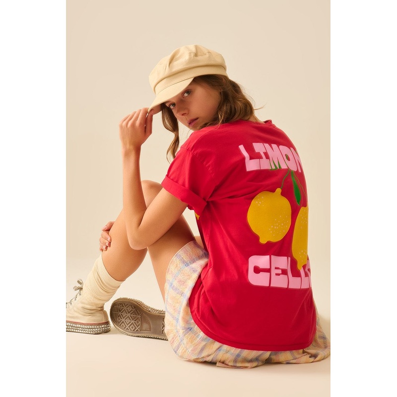 Relaxed Red T-Shirt With Lemon Print Made In Italy